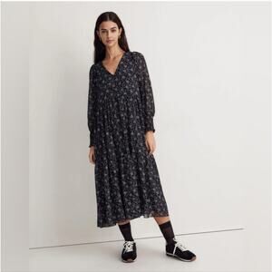 Madewell Georgette V-Neck Tiered Midi Dress Enchanted Floral Black Oversized XXS